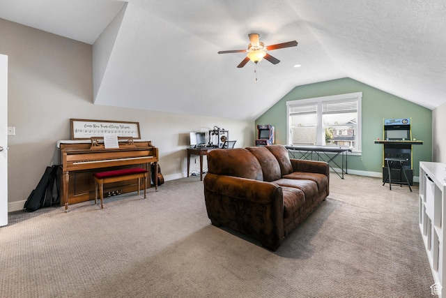 3946 W Birmingham Cir S, Jordan, UT 84009 - living area featuring carpet floors, lofted ceiling, a ceiling fan, and baseboards
