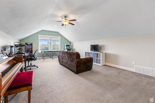 3946 W Birmingham Cir S, Jordan, UT 84009 - office area with lofted ceiling, carpet, a ceiling fan, baseboards, and a textured ceiling