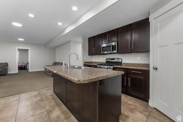 3946 W Birmingham Cir S, Jordan, UT 84009 - kitchen featuring stainless steel appliances, a sink, open floor plan, recessed lighting, and light carpet