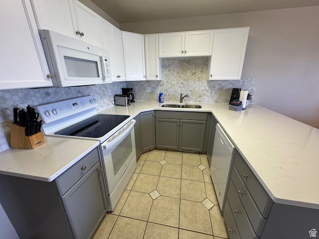 941 N Newberg Pl Unit 2, Garden City, UT 84028 - kitchen featuring white appliances, gray cabinets, a sink, a peninsula, and decorative backsplash