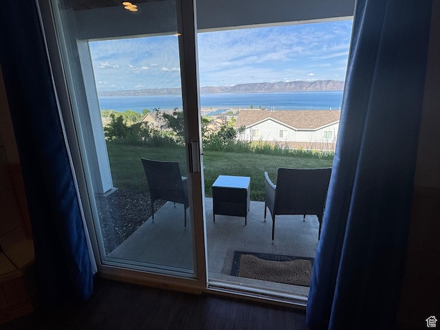 941 N Newberg Pl Unit 2, Garden City, UT 84028 - doorway featuring a water and mountain view and wood finished floors