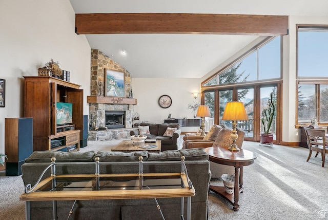 3239 Mountain Top Ln, Park City, UT 84060 - living area featuring carpet flooring, plenty of natural light, beamed ceiling, a fireplace, and high vaulted ceiling