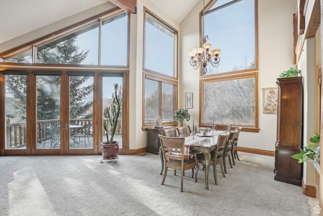 3239 Mountain Top Ln, Park City, UT 84060 - dining room featuring carpet flooring, high vaulted ceiling, baseboards, and a chandelier