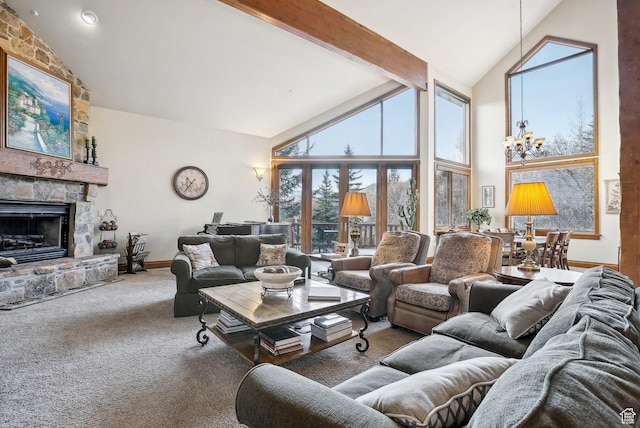 3239 Mountain Top Ln, Park City, UT 84060 - living room with high vaulted ceiling, a fireplace, carpet, a chandelier, and baseboards