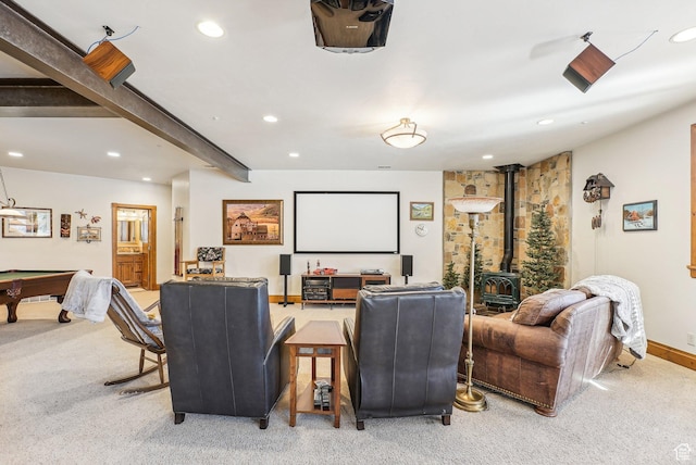 3239 Mountain Top Ln, Park City, UT 84060 - home theater featuring a wood stove, carpet floors, recessed lighting, billiards, and baseboards