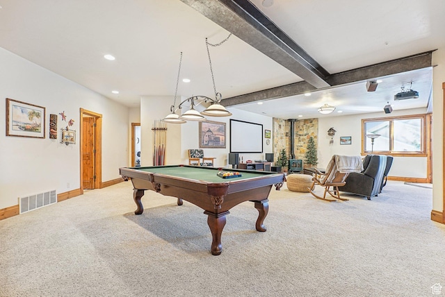 3239 Mountain Top Ln, Park City, UT 84060 - rec room with baseboards, pool table, recessed lighting, carpet, and beam ceiling