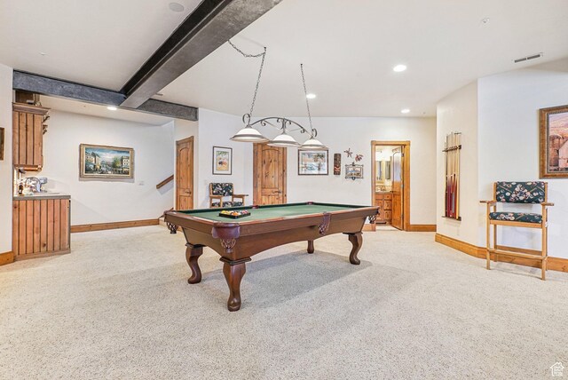 3239 Mountain Top Ln, Park City, UT 84060 - game room with light colored carpet, baseboards, pool table, recessed lighting, and beamed ceiling