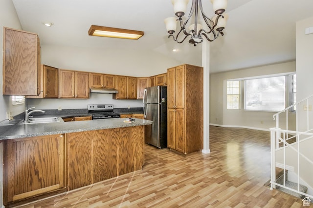 2802 W 4375 S, Roy, UT 84067 - kitchen with stainless steel appliances, a sink, under cabinet range hood, light wood-style flooring, and lofted ceiling
