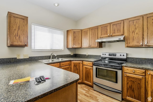 2802 W 4375 S, Roy, UT 84067 - kitchen with under cabinet range hood, stainless steel range with electric stovetop, a sink, dark countertops, and brown cabinets