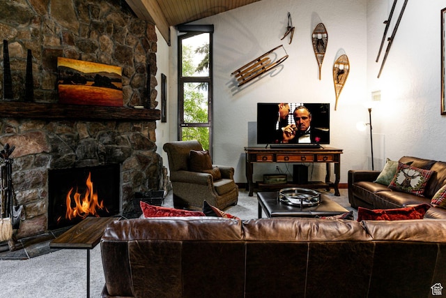 1485 Empire Ave Unit 511, Park City, UT 84060 - living room with lofted ceiling, a fireplace, carpet, and wooden ceiling