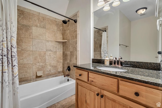 1498 W Mule Train Dr, Bluffdale, UT 84065 - bathroom with shower / bathtub combination with curtain, vanity, and tile patterned floors