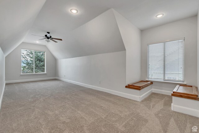 1498 W Mule Train Dr, Bluffdale, UT 84065 - additional living space with carpet flooring, baseboards, lofted ceiling, ceiling fan, and recessed lighting