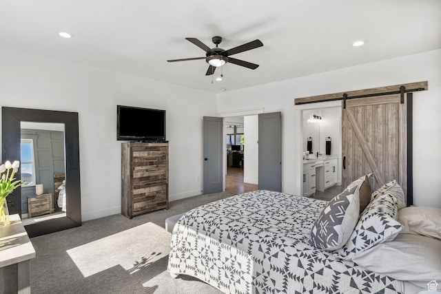 12612 S Starlite Hill Ln W, Herriman, UT 84096 - bedroom with a barn door, carpet flooring, baseboards, recessed lighting, and a ceiling fan