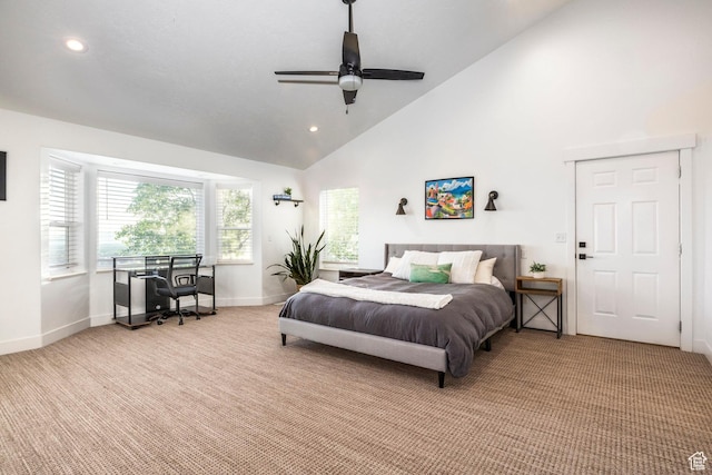 1559 E Oak Cliff Dr N, Provo, UT 84604 - bedroom with light colored carpet, recessed lighting, high vaulted ceiling, a desk, and baseboards