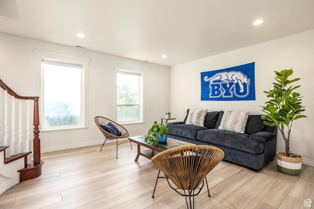 1559 E Oak Cliff Dr N, Provo, UT 84604 - living room with stairway, light wood-style floors, baseboards, and recessed lighting
