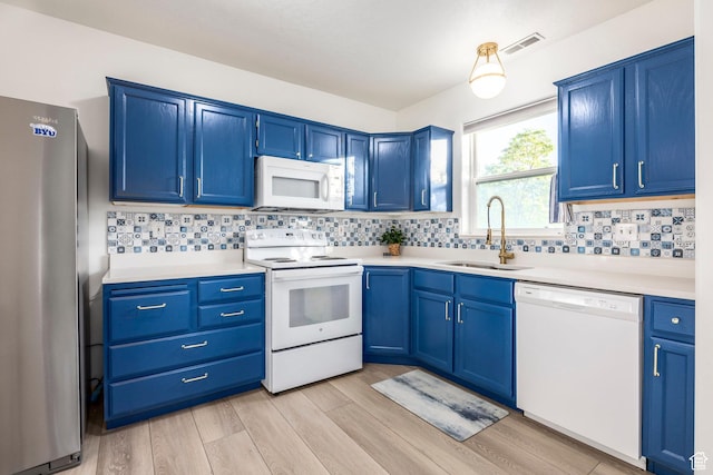 1559 E Oak Cliff Dr N, Provo, UT 84604 - kitchen with white appliances, blue cabinetry, a sink, and light wood finished floors