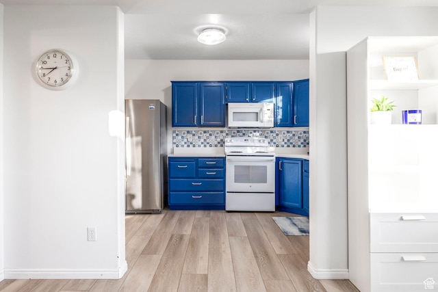 1559 E Oak Cliff Dr N, Provo, UT 84604 - kitchen featuring white appliances, blue cabinets, light countertops, and light wood finished floors