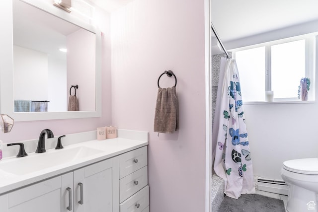 983 Westwood Dr, Pleasant View, UT 84414 - bathroom with a baseboard heating unit, vanity, toilet, a shower with shower curtain, and tile patterned flooring