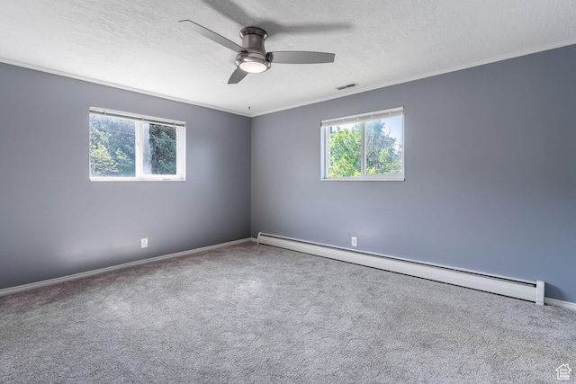983 Westwood Dr, Pleasant View, UT 84414 - carpeted empty room featuring a baseboard radiator, a ceiling fan, crown molding, baseboards, and a textured ceiling