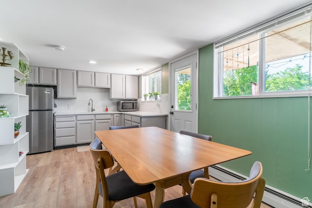 983 Westwood Dr, Pleasant View, UT 84414 - kitchen with appliances with stainless steel finishes, gray cabinets, a baseboard radiator, light wood-style floors, and light countertops