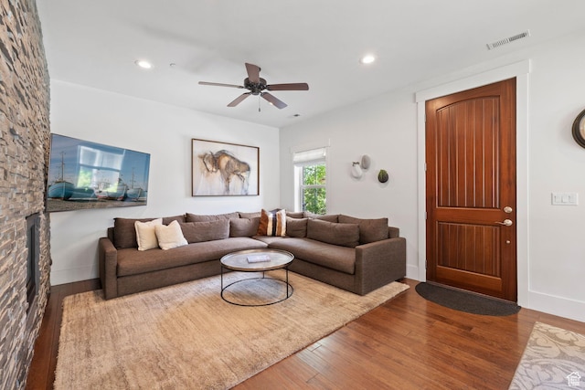 760 W Holliday Dr, Kamas, UT 84036 - living room with wood finished floors, ceiling fan, recessed lighting, and baseboards