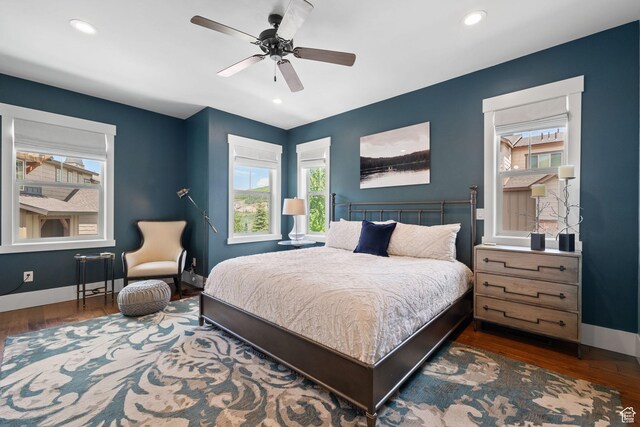 760 W Holliday Dr, Kamas, UT 84036 - bedroom with wood finished floors, baseboards, recessed lighting, and ceiling fan