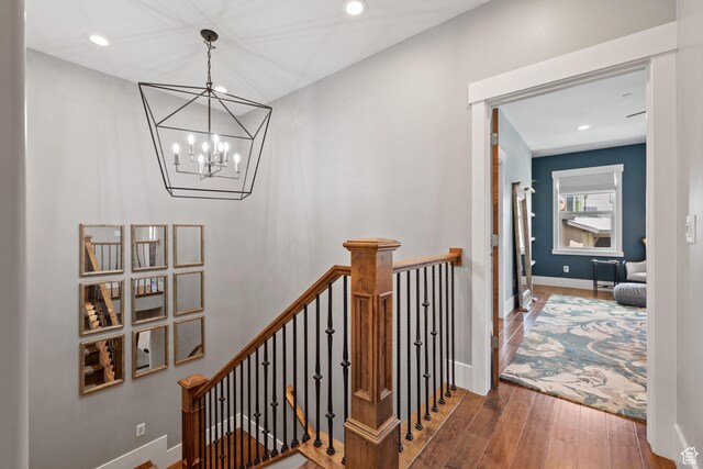 760 W Holliday Dr, Kamas, UT 84036 - staircase featuring a chandelier, wood finished floors, recessed lighting, and baseboards