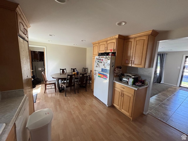 230 S 700 E, Orem, UT 84097 - kitchen featuring freestanding refrigerator, light wood-style flooring, light countertops, recessed lighting, and light brown cabinetry