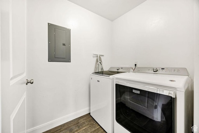 763 W 1060 S, Logan, UT 84321 - laundry room featuring electric panel, independent washer and dryer, dark wood finished floors, and baseboards
