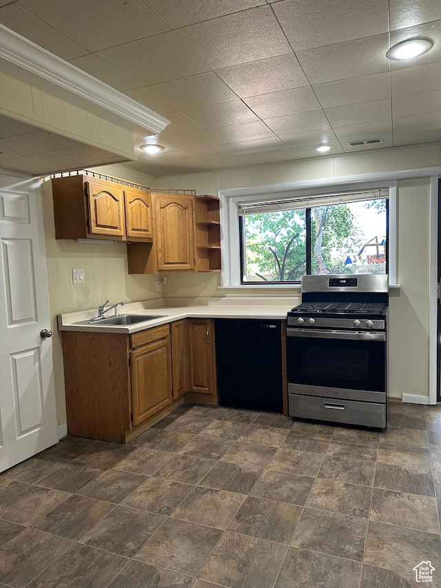 3599 E Oakview Dr, Millcreek, UT 84124 - kitchen featuring gas stove, light countertops, brown cabinets, open shelves, and black dishwasher