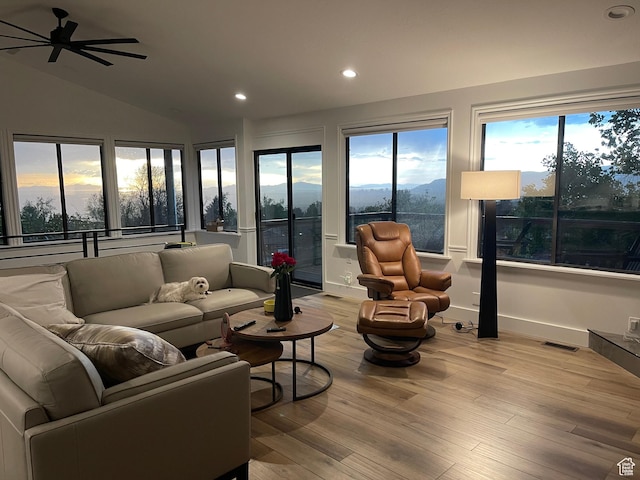 3599 E Oakview Dr, Millcreek, UT 84124 - living area featuring lofted ceiling, recessed lighting, a ceiling fan, and wood finished floors