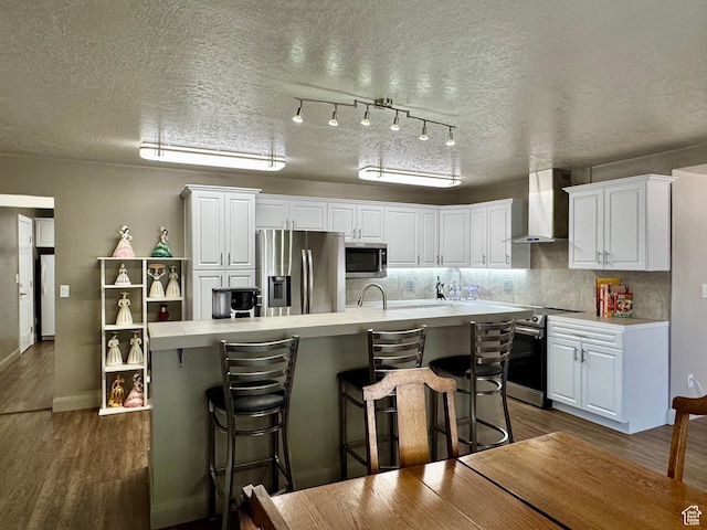 160 W 100 S, Fillmore, UT 84631 - kitchen featuring wall chimney range hood, appliances with stainless steel finishes, white cabinetry, a textured ceiling, and dark wood-type flooring