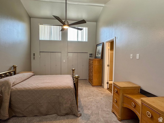 160 W 100 S, Fillmore, UT 84631 - bedroom with light carpet, ceiling fan, two closets, and high vaulted ceiling