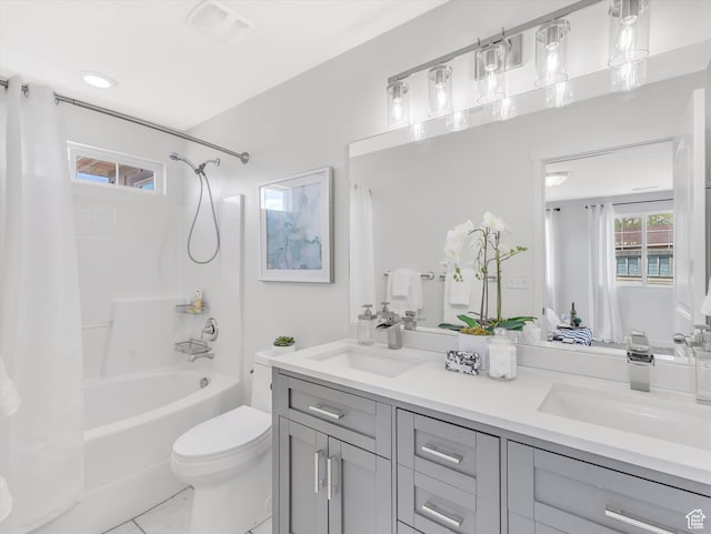 2286 E Deer Park Ln, Draper, UT 84020 - bathroom featuring double vanity, shower / bathtub combination with curtain, toilet, and tile patterned flooring