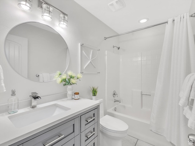 2286 E Deer Park Ln, Draper, UT 84020 - bathroom featuring vanity, shower / bath combination with curtain, toilet, and tile patterned floors