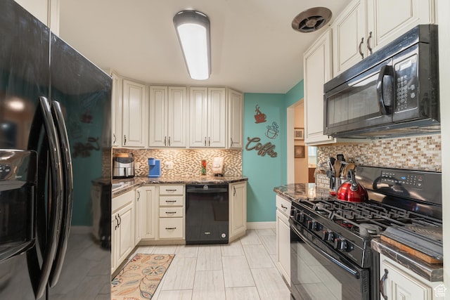 121 W 350 N, Clearfield, UT 84015 - kitchen with black appliances, backsplash, dark stone countertops, and baseboards
