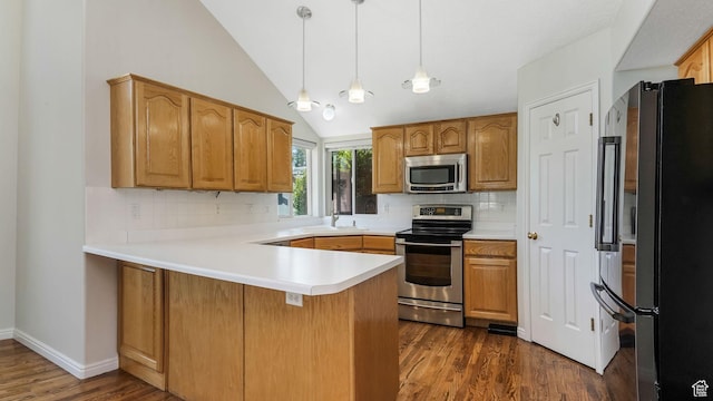 9677 S Iron Gate Rd, South Jordan, UT 84095 - kitchen featuring stainless steel appliances, a peninsula, dark wood-style flooring, tasteful backsplash, and light countertops