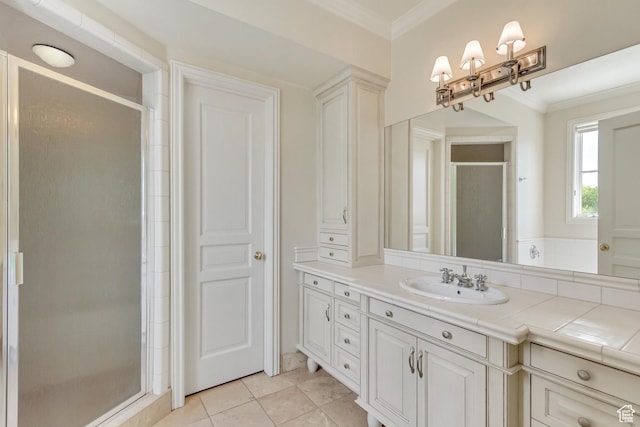 4234 N Vintage Cir, Provo, UT 84604 - bathroom featuring ornamental molding, a shower stall, vanity, tile patterned flooring, and a chandelier