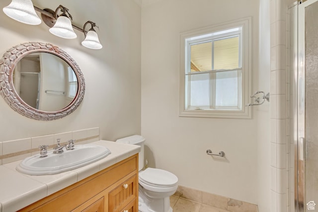 4234 N Vintage Cir, Provo, UT 84604 - full bath with toilet, vanity, a shower with shower door, tile patterned floors, and baseboards