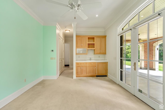 4234 N Vintage Cir, Provo, UT 84604 - kitchen featuring baseboards, crown molding, light brown cabinets, light colored carpet, and open shelves