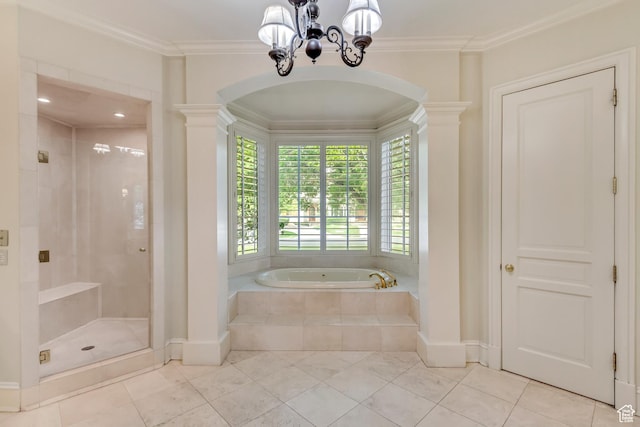 4234 N Vintage Cir, Provo, UT 84604 - bathroom with a garden tub, decorative columns, a chandelier, a stall shower, and ornamental molding