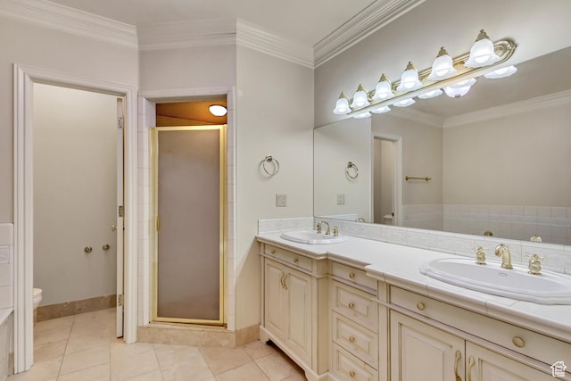 4234 N Vintage Cir, Provo, UT 84604 - bathroom with toilet, double vanity, a stall shower, crown molding, and tile patterned flooring