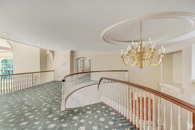4234 N Vintage Cir, Provo, UT 84604 - staircase with carpet flooring, ornamental molding, a chandelier, and arched walkways