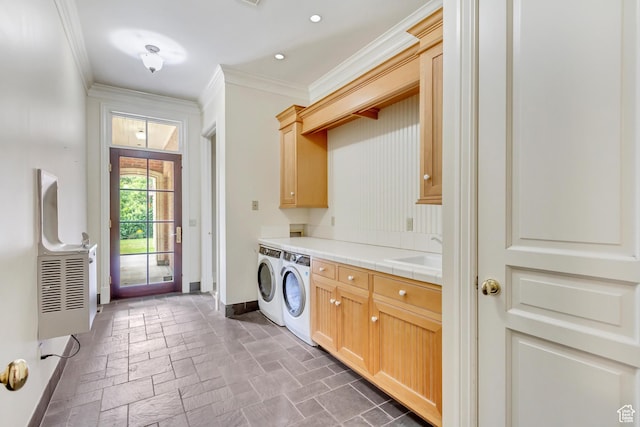 4234 N Vintage Cir, Provo, UT 84604 - washroom with separate washer and dryer, baseboards, cabinet space, crown molding, and stone tile flooring