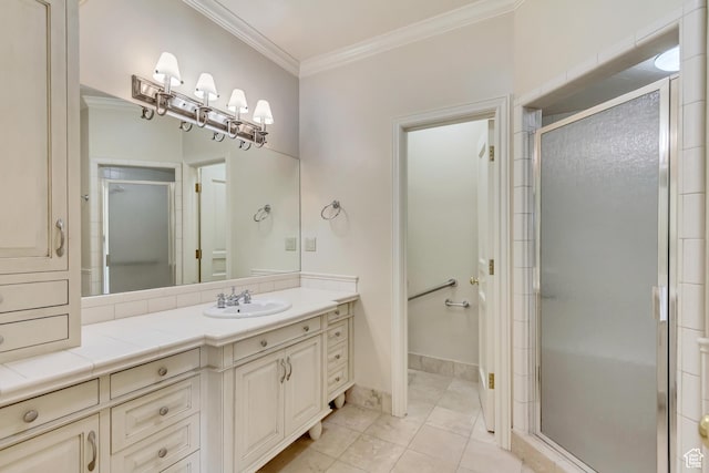4234 N Vintage Cir, Provo, UT 84604 - bathroom with ornamental molding, a stall shower, and vanity