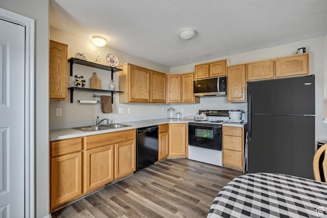 4060 W 4950 S, Roy, UT 84067 - kitchen featuring black appliances, a sink, light countertops, dark wood-style flooring, and open shelves