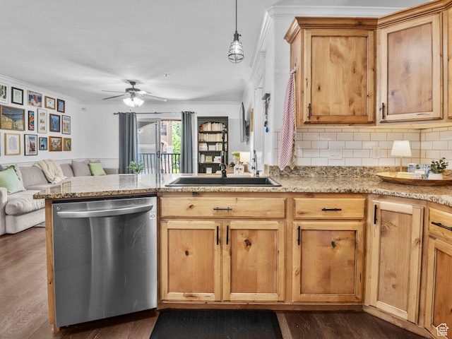 518 S 2150 W Unit 202, Pleasant Grove, UT 84062 - kitchen featuring stainless steel dishwasher, open floor plan, crown molding, dark wood-type flooring, and backsplash
