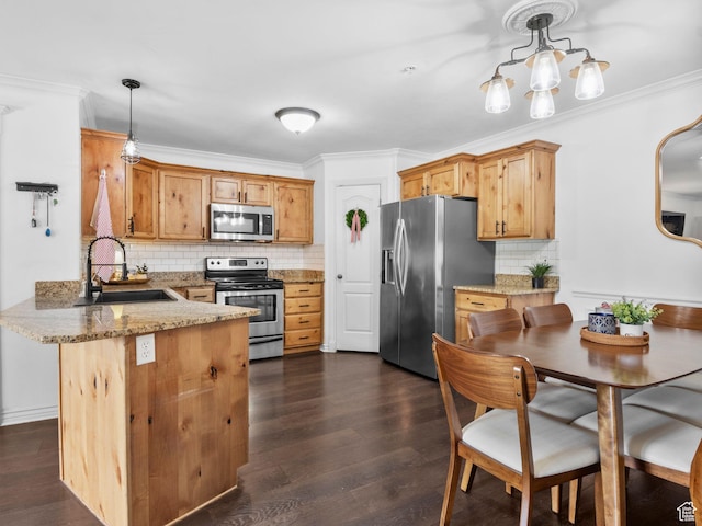 518 S 2150 W Unit 202, Pleasant Grove, UT 84062 - kitchen featuring appliances with stainless steel finishes, a sink, a peninsula, backsplash, and dark wood-type flooring