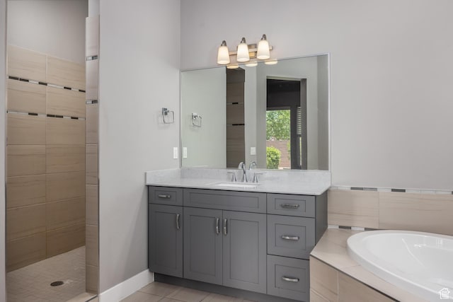 1861 N Mountain View Dr, Washington, UT 84780 - bathroom with a bath, vanity, a tile shower, and tile patterned flooring
