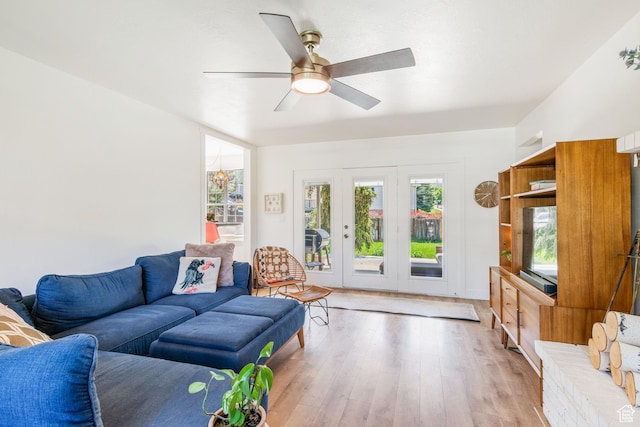 960 N E View Dr, Alpine, UT 84004 - living area with light wood-style floors, a ceiling fan, and french doors